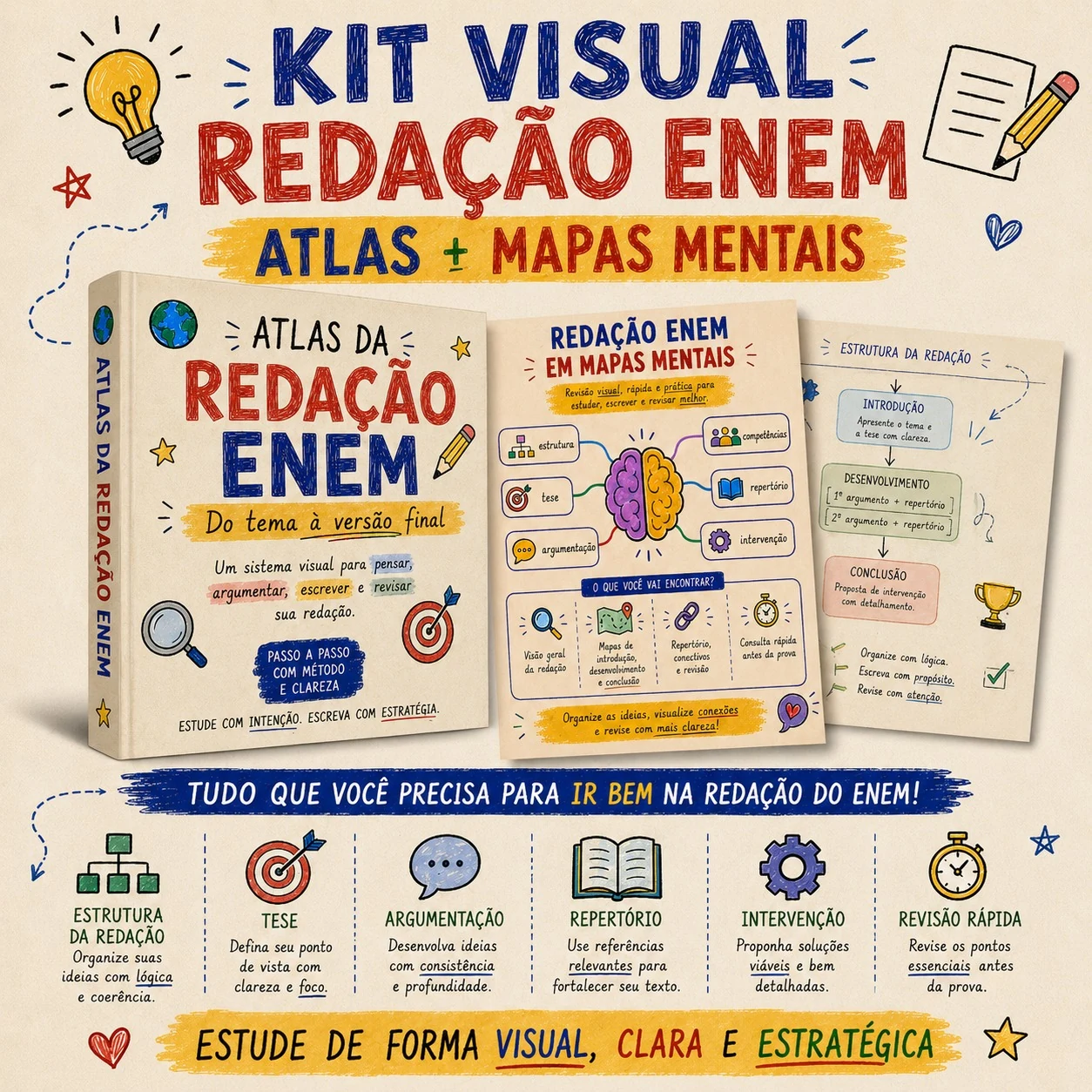 Kit Visual Redação ENEM com Atlas e Mapas Mentais